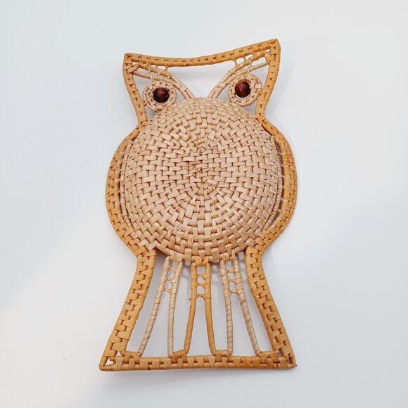 Vtg MCM OWL Rattan Raffia Boho Wall Trinket Table Decor Nature - Picture 5 of 8